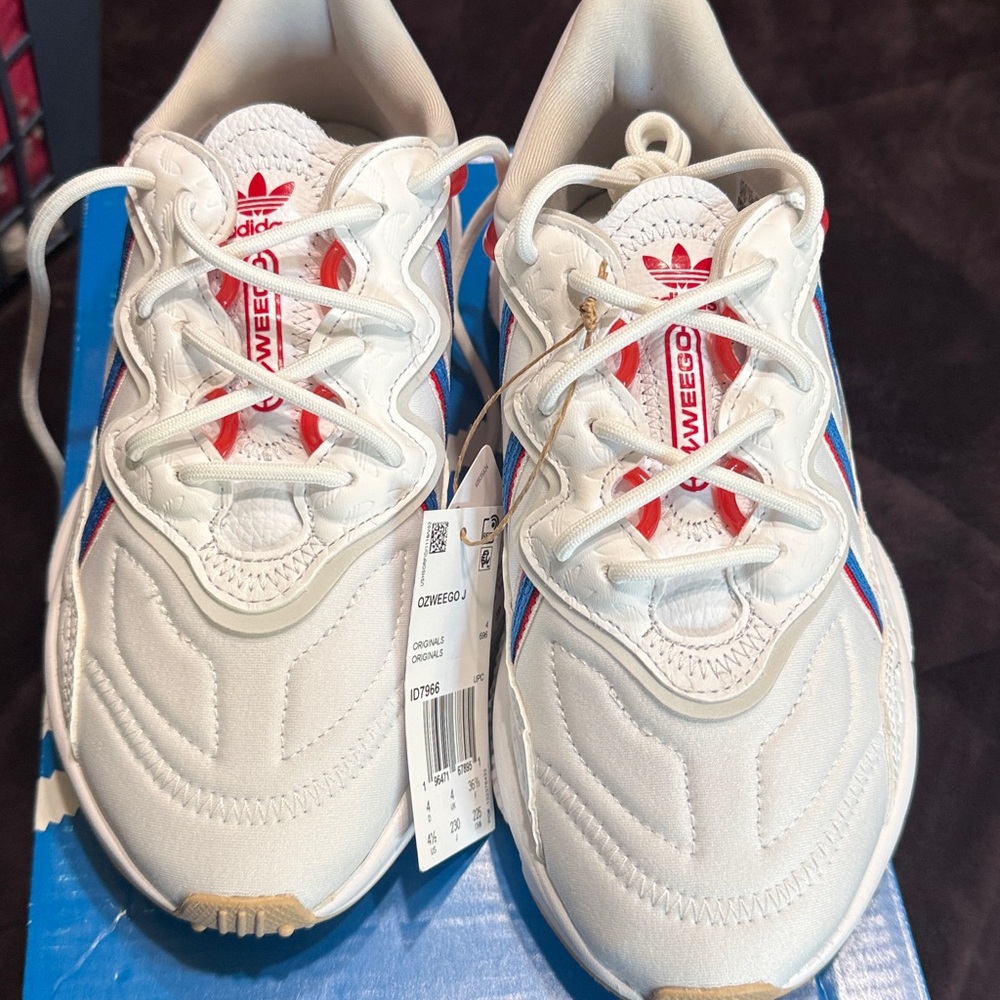 adidas Ozweego White Sneakers with Red & Blue Stripe Accents